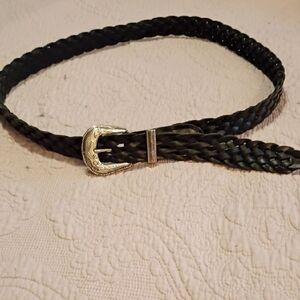 Women's Belt Black Braided Genuine Leather NWOT Silver Decorative Buckle